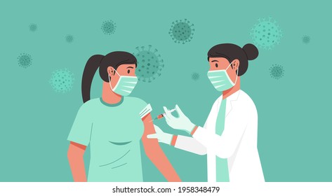 Immunization and vaccination flu shot concept, female doctor with medical protective suit, glove, mask inject syringe in patient arm, Covid-19 prevention with woman having vaccine, vector illustration