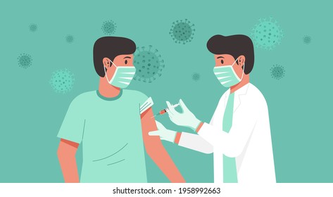 Immunization and vaccination flu shot concept, male doctor with medical protective suit, glove, mask inject syringe in patient arm, Covid-19 prevention with man having vaccine, vector illustration