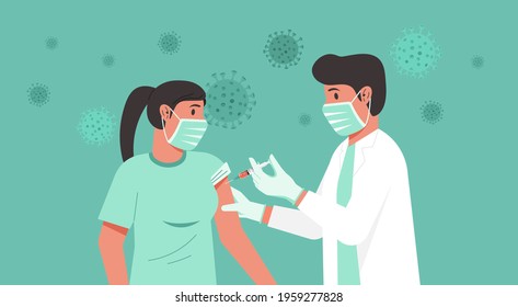 Immunization and vaccination flu shot concept, male doctor with medical protective suit, glove, mask inject syringe in patient arm, Covid-19 prevention with woman having vaccine, vector illustration