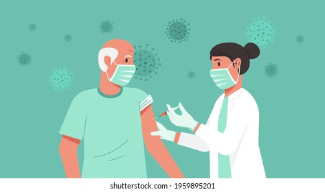 Immunization and vaccination flu shot concept, female doctor with medical protective suit, glove, mask inject syringe in patient, Covid-19 prevention with older man having vaccine, vector illustration