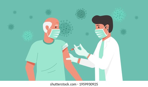 Immunization and vaccination flu shot concept, male doctor with medical protective suit, glove, mask inject syringe in patient, Covid-19 prevention with older man having vaccine, vector illustration