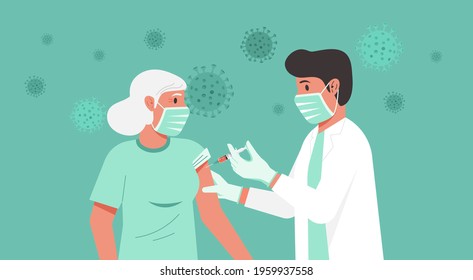 Immunization And Vaccination Flu Shot Concept, Male Doctor With Medical Protective Suit, Glove, Mask Inject Syringe In Patient, Covid-19 Prevention With Older Woman Having Vaccine, Vector Illustration