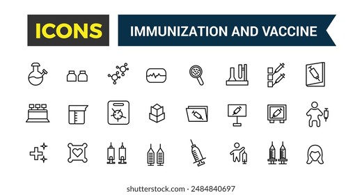 Immunization and Vaccine icons set. Outline icons pack. Editable vector line icon set and illustration for web and UI application.