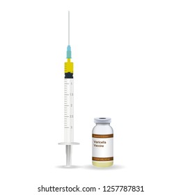 Immunization, Varicella Vaccine Plastic Medical Syringe With Needle And Vial Isolated On A White Background. Vector Illustration. Vaccination Healthcare Concept.