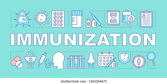 Immunization word concepts banner. Immune system diseases. Vaccine. Infection tolerance. Presentation, website. Isolated lettering typography idea with linear icons. Vector outline illustration