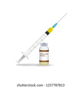 Immunization, Yellow Fever Vaccine Syringe With Yellow Vaccine, Vial Of Medicine Isolated On A White Background. Vector Illustration. Vaccination Healthcare Concept.