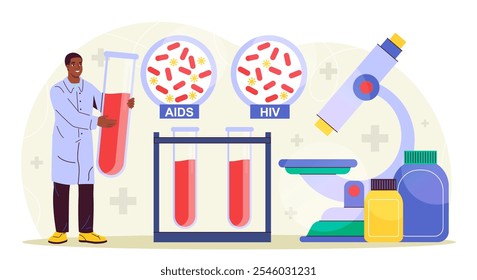 Virus de inmunodeficiencia en laboratorio. Hombre en uniforme médico con tubo de ensayo con sustancia al lado del microscopio. Investigación bioquímica científica en laboratorio. Ilustración vectorial plana