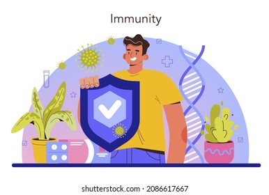 Immunologist. Doctor in medical protective suit threatens virus. Immune therapy and vaccination. Epedemic prevention. Flat vector illustration