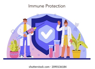 Immunologist. Doctor in medical protective suit threatens virus. Immune therapy and vaccination. Epedemic prevention. Flat vector illustration