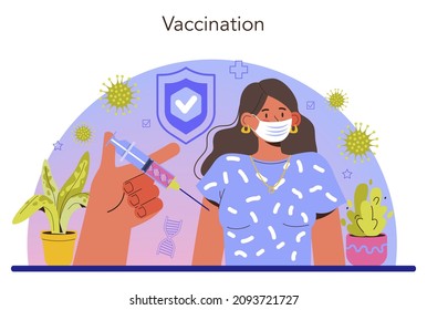 Immunologist. Doctor in medical protective suit threatens virus. Immune therapy and vaccination. Epedemic prevention. Flat vector illustration