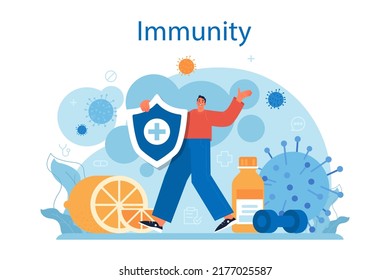 Immunologist. Doctor in medical protective suit studying and destroying virus. Immune therapy and vaccination. Epedemic prevention. Flat vector illustration