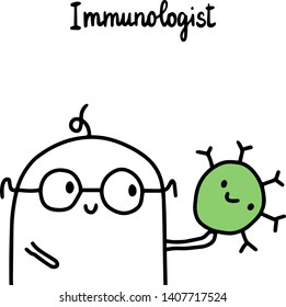 Immunologist hand drawn vector illustration. Cartoon doctor with cell