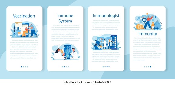 Immunologist mobile application banner set. Doctor in medical protective suit studying and destroying virus. Immune therapy and vaccination. Epedemic prevention. Flat vector illustration