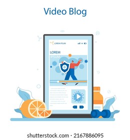 Immunologist online service or platform. Doctor studying virus. Immune therapy and vaccination. Epedemic prevention. Video blog. Flat vector illustration