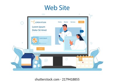Immunologist online service or platform. Doctor studying virus. Immune therapy and vaccination. Epedemic prevention. Website. Flat vector illustration