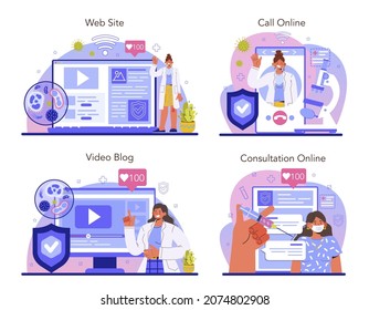 Immunologist online service or platform set. Doctor in medical protective suit threatens virus. Immune therapy and vaccination. Online call, consultation, video blog, website. Vector illustration