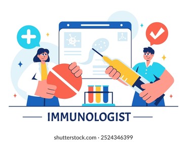 Ilustración vectorial del inmunólogo que muestra el sistema de protección inmune que ayuda a las Personas a combatir las infecciones y las bacterias dañinas en un fondo de estilo plano