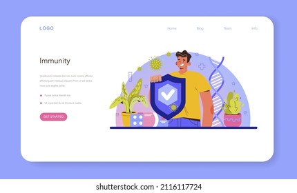 Immunologist web banner or landing page. Doctor in medical protective suit threatens virus. Immune therapy and vaccination. Epedemic prevention. Flat vector illustration