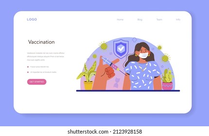 Immunologist web banner or landing page. Doctor in medical protective suit threatens virus. Immune therapy and vaccination. Epedemic prevention. Flat vector illustration