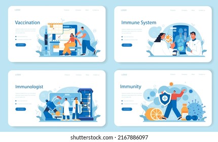 Immunologist web banner or landing page set. Doctor in medical protective suit studying and destroying virus. Immune therapy and vaccination. Epedemic prevention. Flat vector illustration