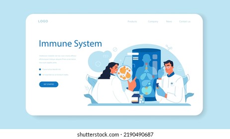 Immunologist web banner or landing page. Doctor in medical protective suit studying and destroying virus. Immune therapy and vaccination. Epedemic prevention. Flat vector illustration