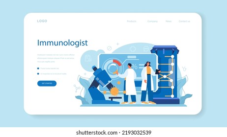Immunologist web banner or landing page. Doctor in medical protective suit studying and destroying virus. Immune therapy and vaccination. Epedemic prevention. Flat vector illustration