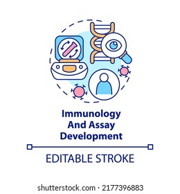 Icon zur Entwicklung von Immunologie und Assay. Pandemie präklinische Forschung abstrakte Idee dünne Linie Illustration. Einzeln Umrisszeichnung. Bearbeitbarer Strich. Arial, Myriad Pro Fett Schriftarten verwendet