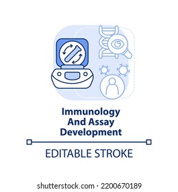 Immunology And Assay Development Light Blue Concept Icon. Pandemic Preclinical Study Abstract Idea Thin Line Illustration. Isolated Outline Drawing. Editable Stroke. Arial, Myriad Pro-Bold Fonts Used