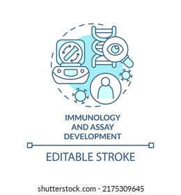 Das türkisfarbene Symbol für die Entwicklung von Immunologie und Assay. Pandemie präklinische Studie abstrakte Idee dünne Linie Illustration. Einzeln Umrisszeichnung. Bearbeitbarer Strich. Arial, Myriad Pro Fett Schriftarten verwendet