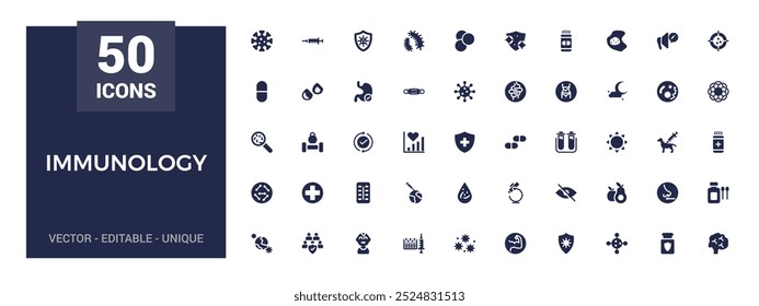 Conjunto de iconos llenos de inmunología. Iconos sólidos para hábitos saludables, alimentos, anticuerpos, suplementos, vitaminas y refuerzo del sistema inmunológico. Ilustración vectorial.