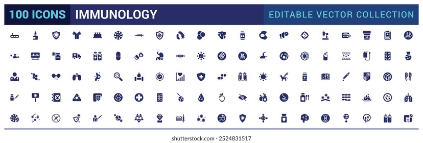 Conjunto de iconos llenos de inmunología. Iconos sólidos para hábitos saludables, alimentos, anticuerpos, suplementos, vitaminas y refuerzo del sistema inmunológico. Ilustración vectorial.