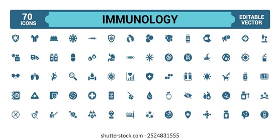 Conjunto de ícones preenchidos com imunologia. Ícones sólidos para hábitos saudáveis, alimentos, anticorpos, suplemento, vitamina e sistema imunológico impulsionando. Ilustração vetorial.