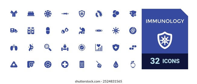 Conjunto de iconos llenos de inmunología. Iconos sólidos para hábitos saludables, alimentos, anticuerpos, suplementos, vitaminas y refuerzo del sistema inmunológico. Ilustración vectorial.