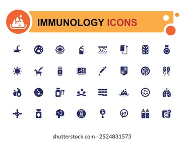 Conjunto de ícones preenchidos com imunologia. Ícones sólidos para hábitos saudáveis, alimentos, anticorpos, suplemento, vitamina e sistema imunológico impulsionando. Ilustração vetorial.