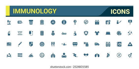 Conjunto de ícones preenchidos com imunologia. Ícones sólidos para hábitos saudáveis, alimentos, anticorpos, suplemento, vitamina e sistema imunológico impulsionando. Ilustração vetorial.