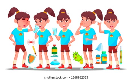 Immunology, Immune System Protection Cartoon Vector Drawing. Immunology Science. Bacterium, Cold, Influenza Virus. Illness Prevention. Girl Drinking Milk. Lactose Intolerance Flat Illustration