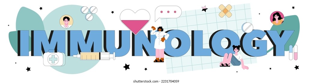 Immunology typographic header. Doctor in medical protective suit studying dangerous viruses. Immunodeficiency treatment, immune therapy and vaccination. Flat vector illustration