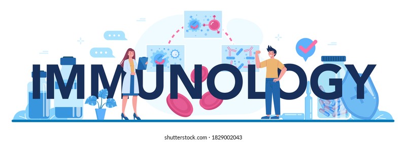 Immunology typographic header. Idea of healthcare, virus prevention. Immune therapy and vaccination. Isolated vector illustration in cartoon style