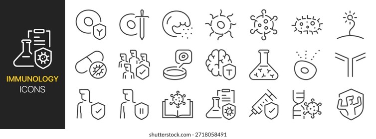 Immunology and virology icon set. It includes medical, lab, research, cell, immunity, disease, and more icons. Editable Vector Stroke.
