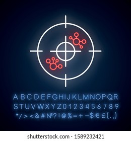 Immunotherapy neon light icon. Molecular experiment. Lymphoma. Cells, antibodies. Immune system. Medical procedure. Glowing sign with alphabet, numbers and symbols. Vector isolated illustration