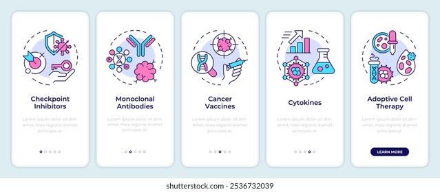 Tipos de inmunoterapia incorporando la pantalla del App móvil. Instrucciones gráficas editables de 5 pasos con conceptos lineales. PLANTILLA UI, UX, GUI