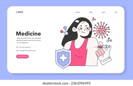 Immunotherapy and vaccination web banner or landing page. Idea of vaccine injection for protection from virus. Healthcare, disease prevention. Immunization idea. Vector flat illustration