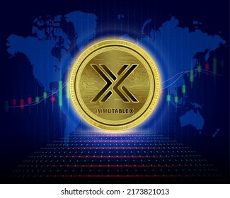 Immutable X (IMX) coin. 3D Vector illustration. Cryptocurrency blockchain (crypto currency) Future digital replacement technology. Silver golden virtual currency growth share chart is background.