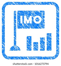 Imo Bar Chart grainy textured icon inside rounded frame for overlay watermark stamps. Flat symbol with unclean texture. Framed vector blue rubber seal stamp with grunge design of imo bar chart.