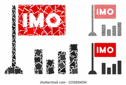 IMO bar chart mosaic of tremulant items in variable sizes and color hues, based on IMO bar chart icon. Vector irregular items are grouped into collage. IMO bar chart icons collage with dotted pattern.