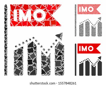 IMO chart trend mosaic of abrupt items in various sizes and shades, based on IMO chart trend icon. Vector abrupt parts are combined into collage. IMO chart trend icons collage with dotted pattern.