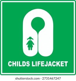 IMO child lifejacket signage vector icon, isolated on green background. Editable and scalable for maritime safety, emergency, and safety instructions.
