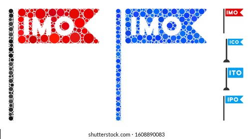 IMO flag composition of round dots in variable sizes and color hues, based on IMO flag icon. Vector round dots are grouped into blue composition. Dotted IMO flag icon in usual and blue versions.