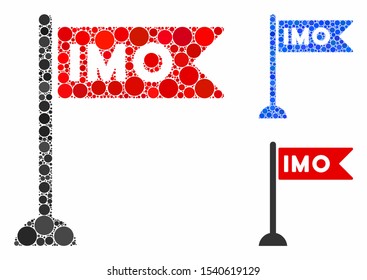 IMO flag mosaic of small circles in various sizes and color tints, based on IMO flag icon. Vector random circles are grouped into blue mosaic. Dotted IMO flag icon in usual and blue versions.