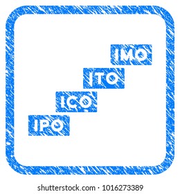Imo Levels grainy textured icon inside rounded square for overlay watermark stamps. Flat symbol with scratched texture. Framed vector blue rubber seal stamp with grunge design of imo levels.